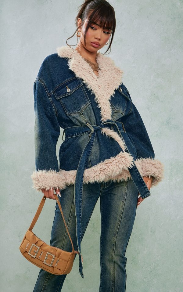 Indigo Vintage Wash Borg Contrast Tie Waist Denim Jacket