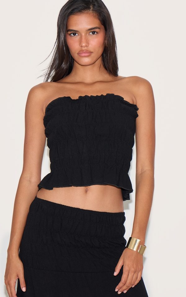 Black Shirred Linen Look Bandeau Top