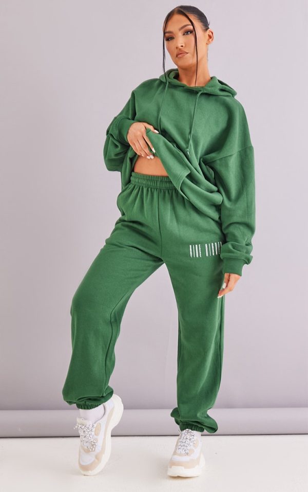Forest Green Graphic Printed Cuffed High Waist Sweatpants