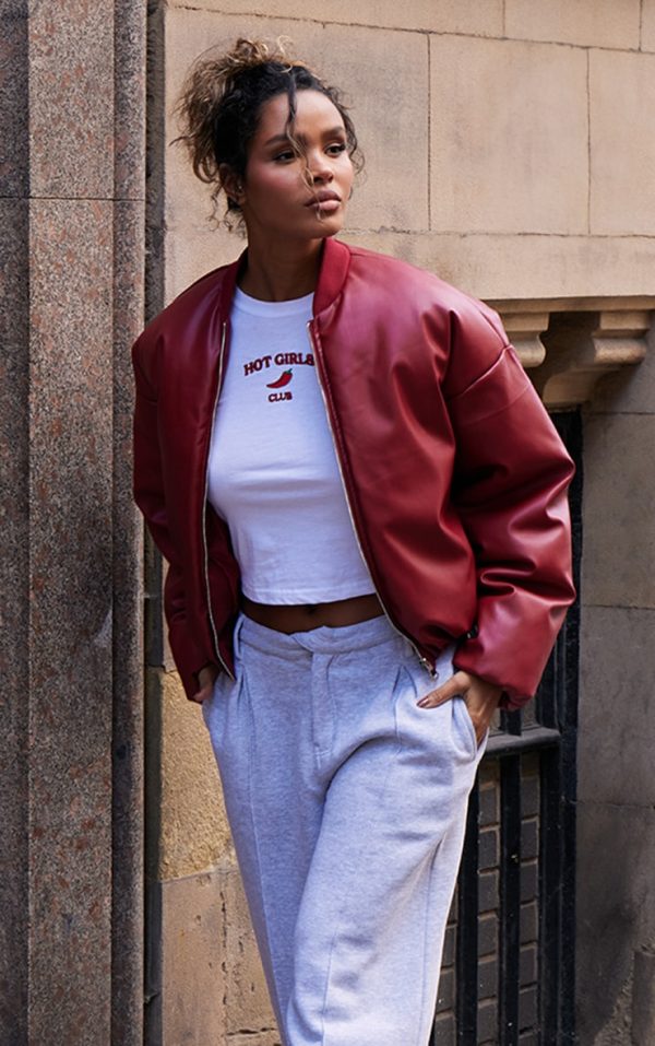 Cherry Red Faux Leather Oversized Bomber Jacket