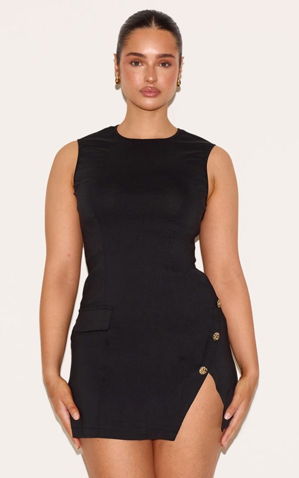 Shape Black Stretch Woven Boat Neck Side Split Hammered Button Mini Dress