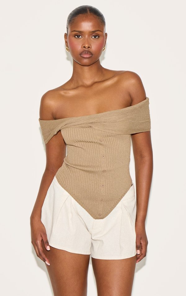 Taupe Rib Knit Twist Bardot Button Through Top