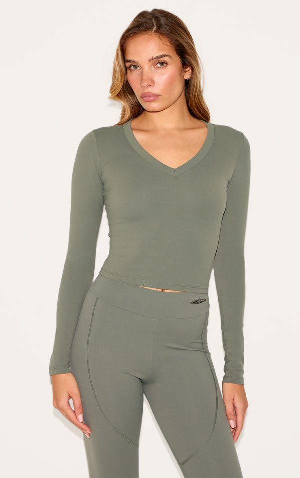 Olive Sculpt V Neck Long Sleeve Top