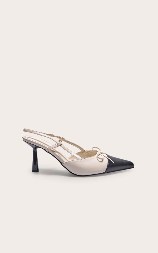 Black and Cream Pu Point Toe Bow Detail High Stiletto Court Heels