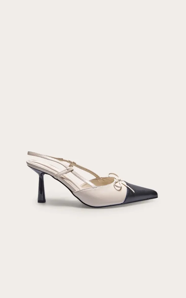 Black and Cream Pu Point Toe Bow Detail High Stiletto Court Heels