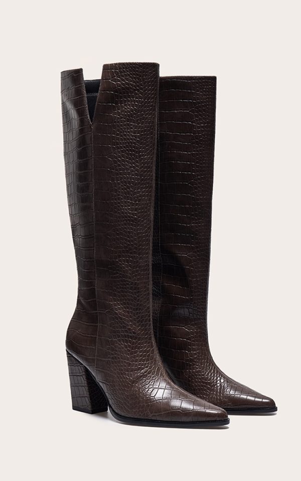Chocolate Croc PU Point Toe Block Heeled Knee High Boots