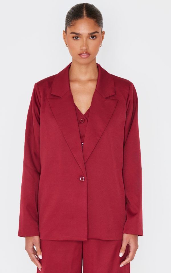 Burgundy Woven Oversized Suit Blazer