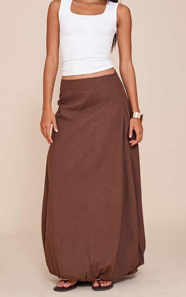 Dark Chocolate Cotton Linen Look Puffball Maxi Skirt