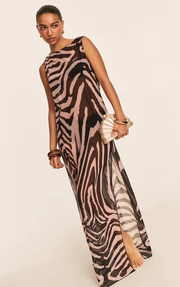 Zebra Chiffon Sleeveless Maxi Beach Dress