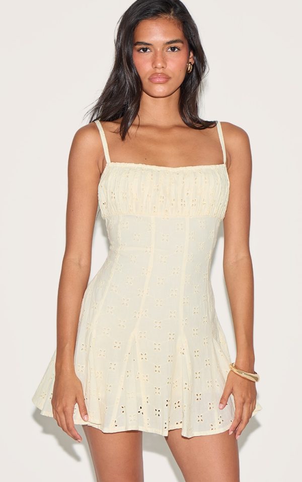 Lemon Broderie Strappy Pleated Shift Dress