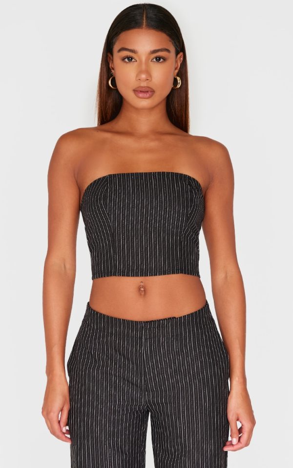 Black Tailored Woven Glitter Pinstripe Bandeau Top