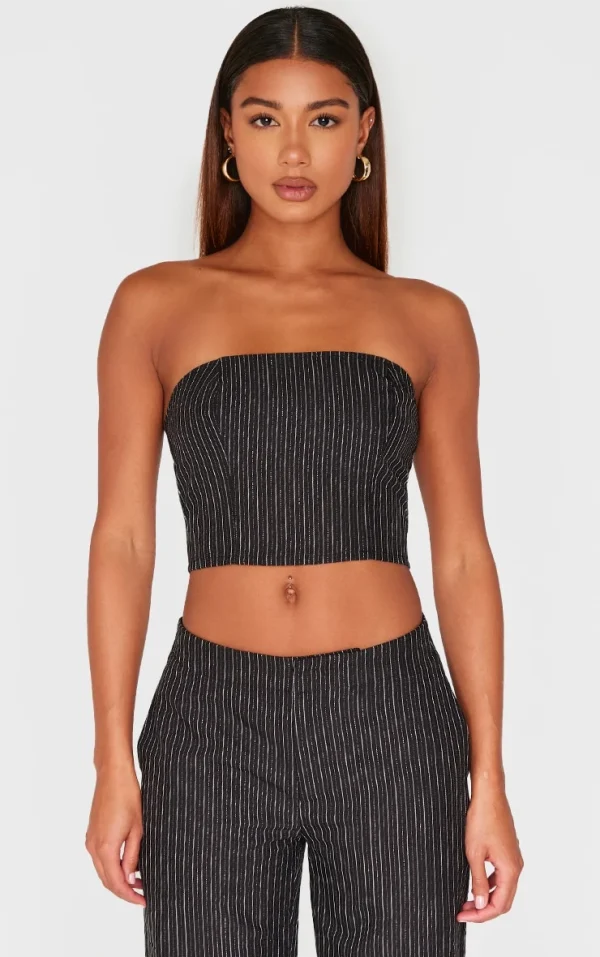 Black Tailored Woven Glitter Pinstripe Bandeau Top