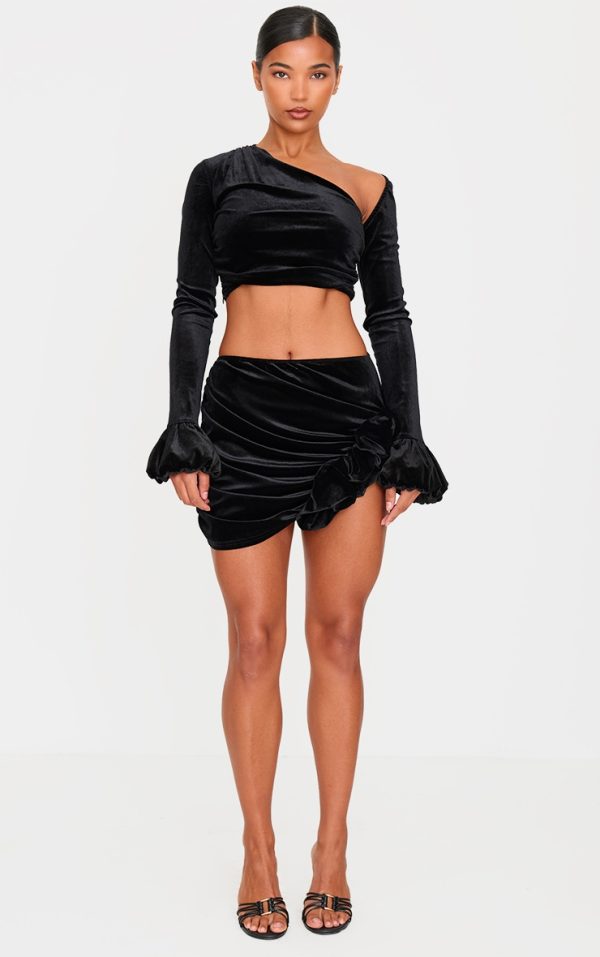 Black Velvet Corsage Detail Mini Skirt