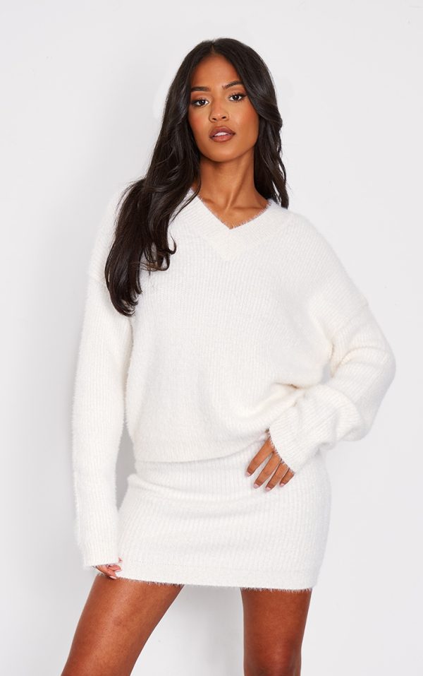 Tall Oatmeal Fluffy Knitted V Neck Sweater