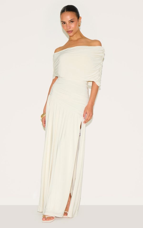 Petite White Double Layer Slinky Bardot One Shoulder Ruched Maxi Dress