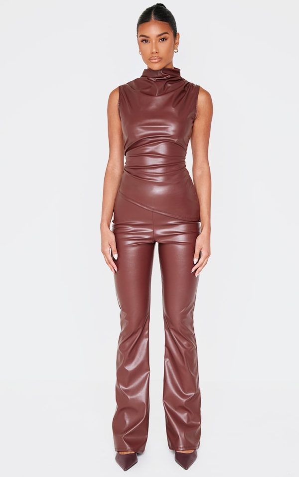 Chocolate Faux Leather High Waisted Flares