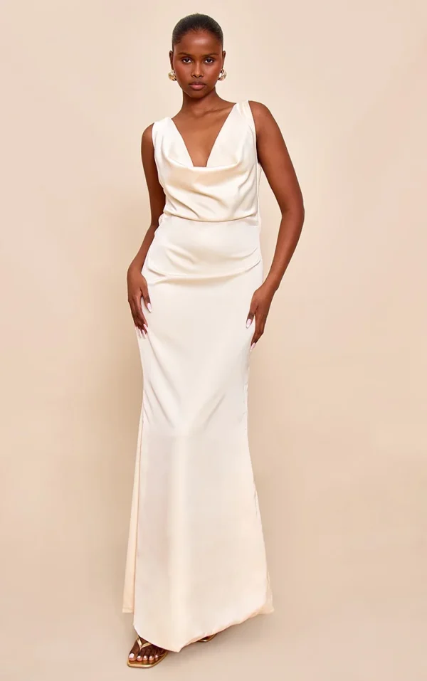 Lemon Bridesmaid Satin Cowl Neck Maxi Dress