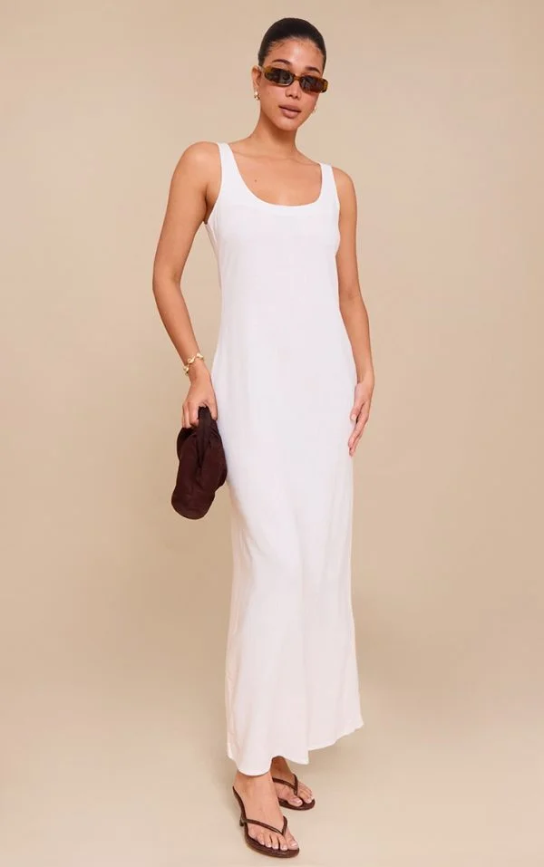 White Textured Scoop Neck Maxi Dress