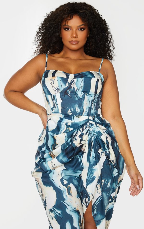 Plus Cream Marble Print Structured Corset Top