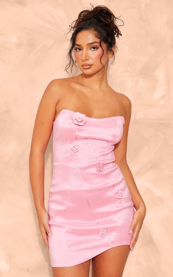Petite Pink Woven Bandeau Structured Flower Detail Mini Dress