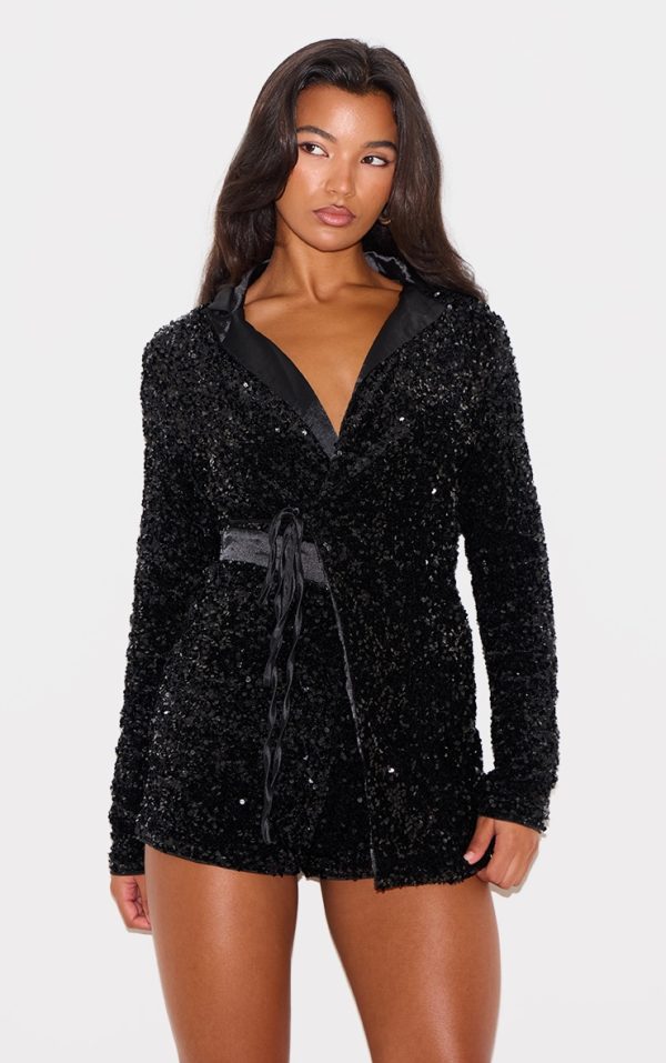 Black Collar Detail Sequin Romper