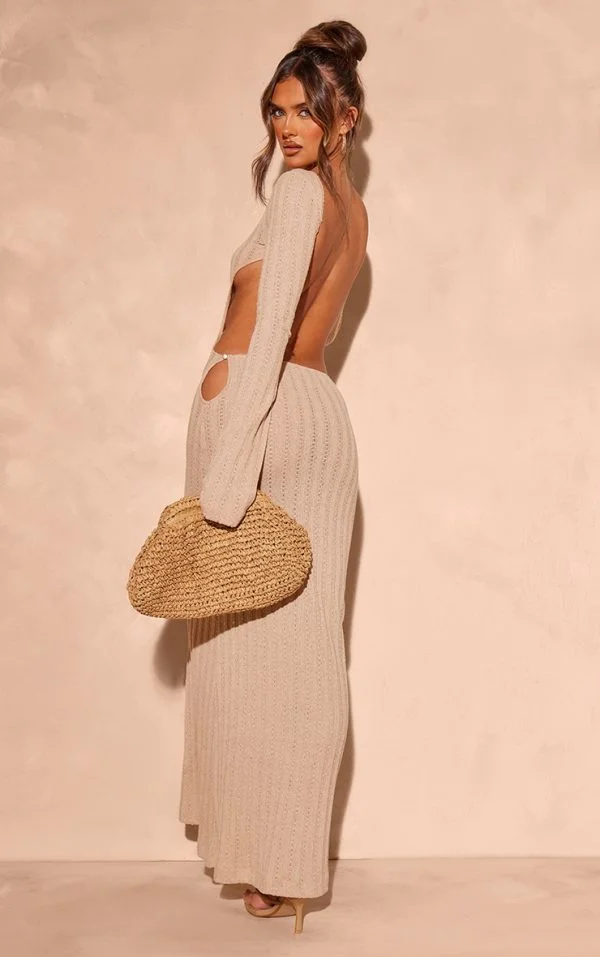 Taupe Crochet Low Back Maxi Dress