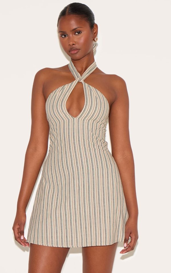 Stone Striped Halterneck Shift Dress