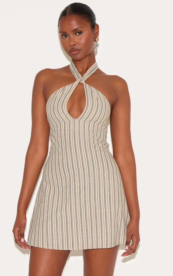 Stone Striped Halterneck Shift Dress