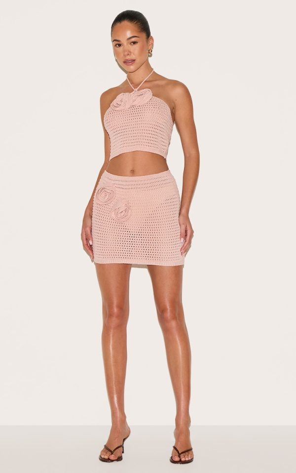 Dusty Pink Flower Applique Crochet Mini Skirt