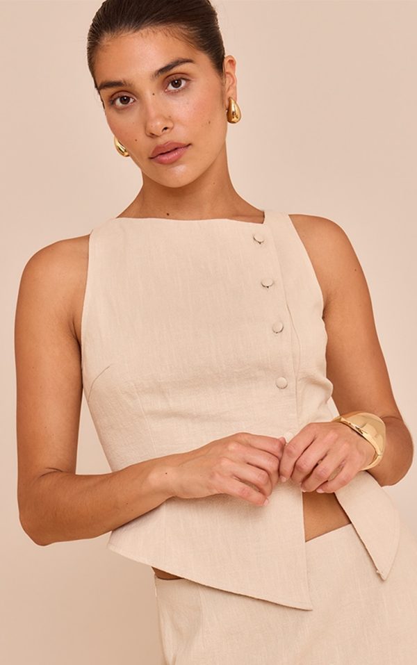 Petite Natural Premium Linen Look Asymmetric Button Up Vest
