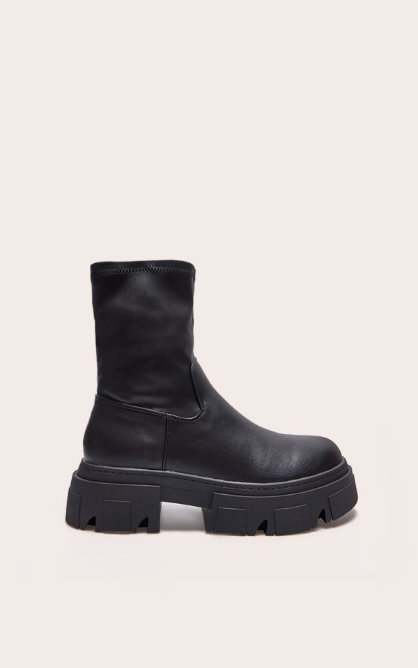 Black Pu Textured Extreme Cleated Sole Ankle Sock Boots