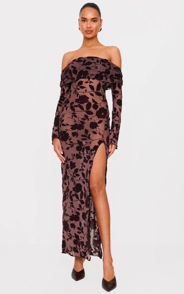 Chocolate Devore Bardot Long Sleeve Maxi Dress