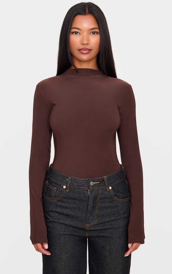 Chocolate Slinky High Neck Long Sleeve Bodysuit