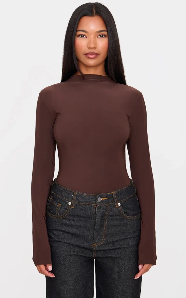 Chocolate Slinky High Neck Long Sleeve Bodysuit