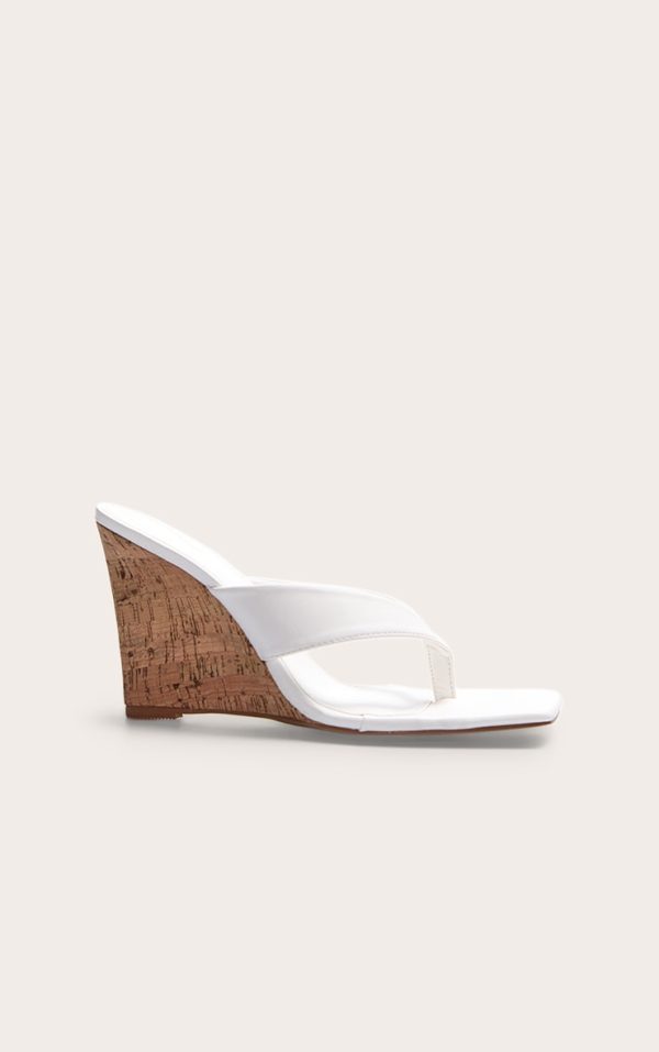 White Pu Round Toe Thong Heeled Wedges
