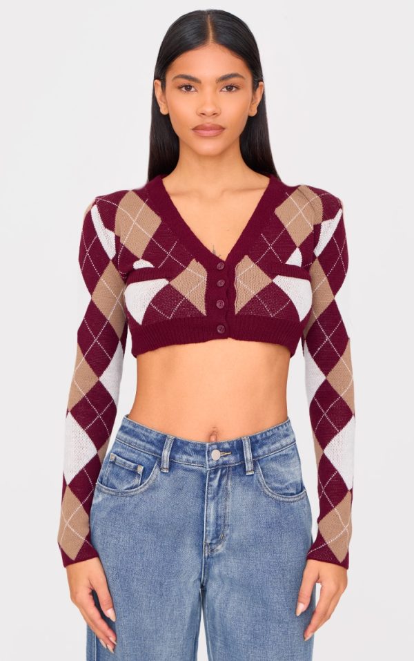 Burgundy Argyle Jacquard Knitted V Neck Cropped Cardigan