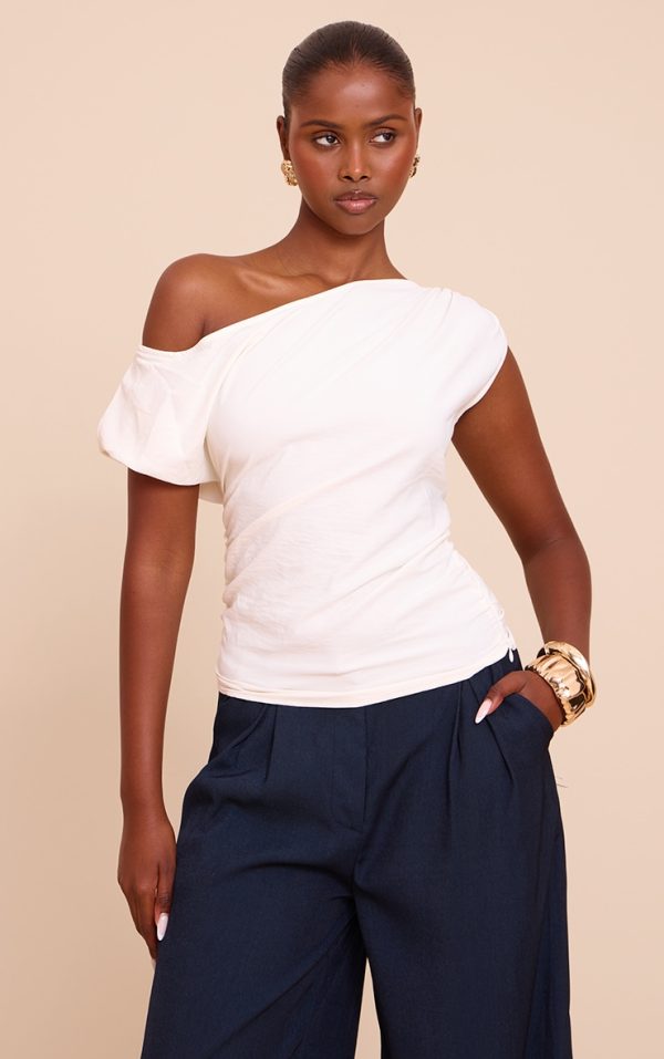 Cream Floaty Woven Ruched One Shoulder Top