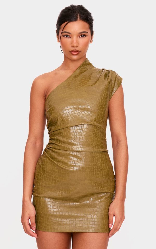 PLT Label Olive Croc Faux Leather Asymmetric Bodycon Dress
