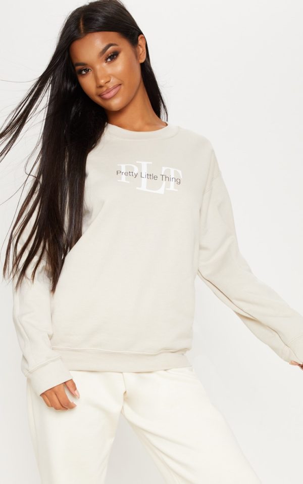 PRETTYLITTLETHING Sand Graphic Oversized Fit Sweatshirt