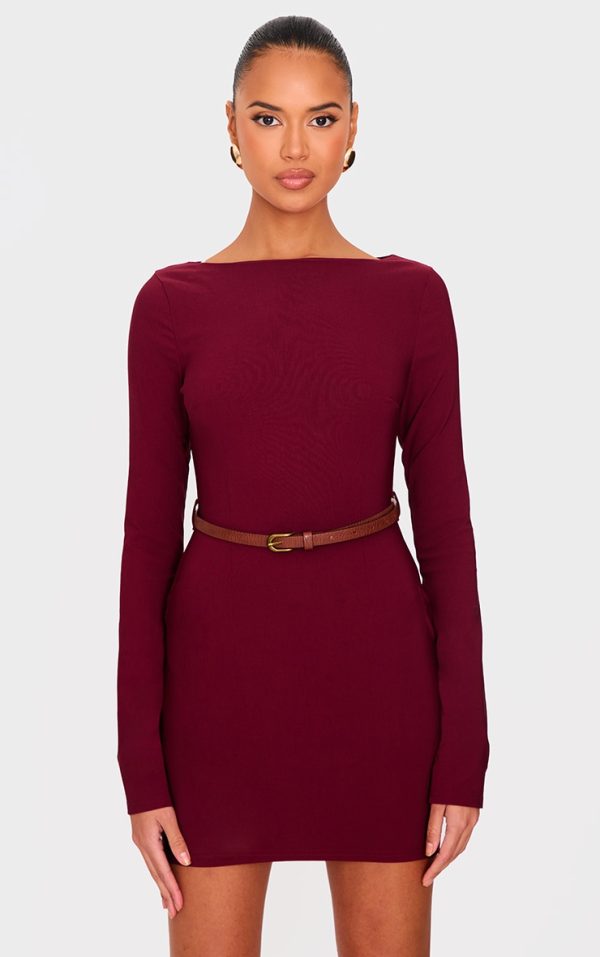 Burgundy Stretch Woven Belted Long Sleeve Bodycon Dress
