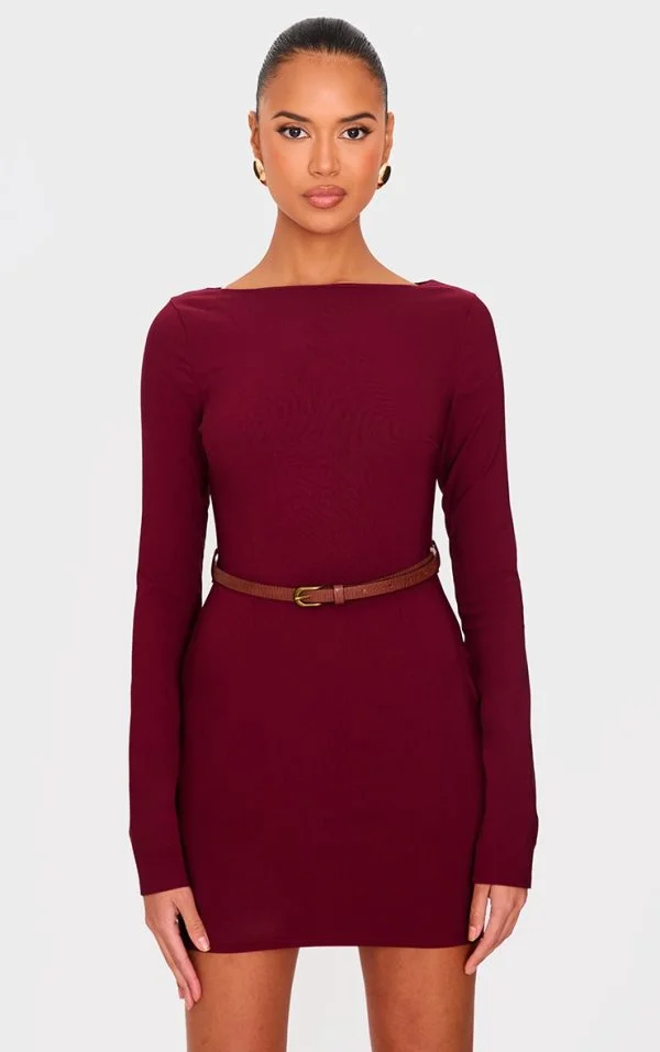 Burgundy Stretch Woven Belted Long Sleeve Bodycon Dress
