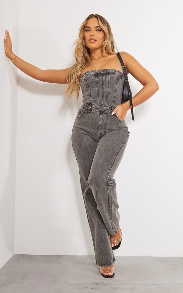 Washed Charcoal Bandeau Denim Jumpsuit