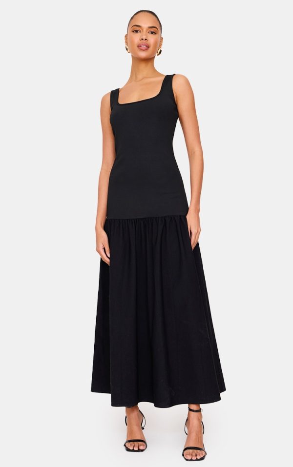 Black Woven Drop Waist Midaxi Dress
