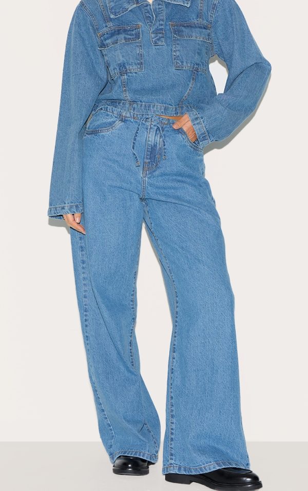 Mid Blue Wash Low Rise Tie Waistband Wide Leg Jeans