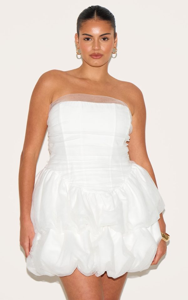 Plus Premium White Tulle Layered Corset Puffball Hem Bodycon Dress