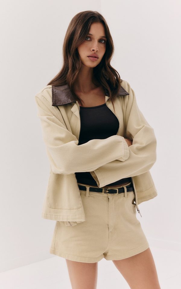 Beige Brown Collar Denim Jacket