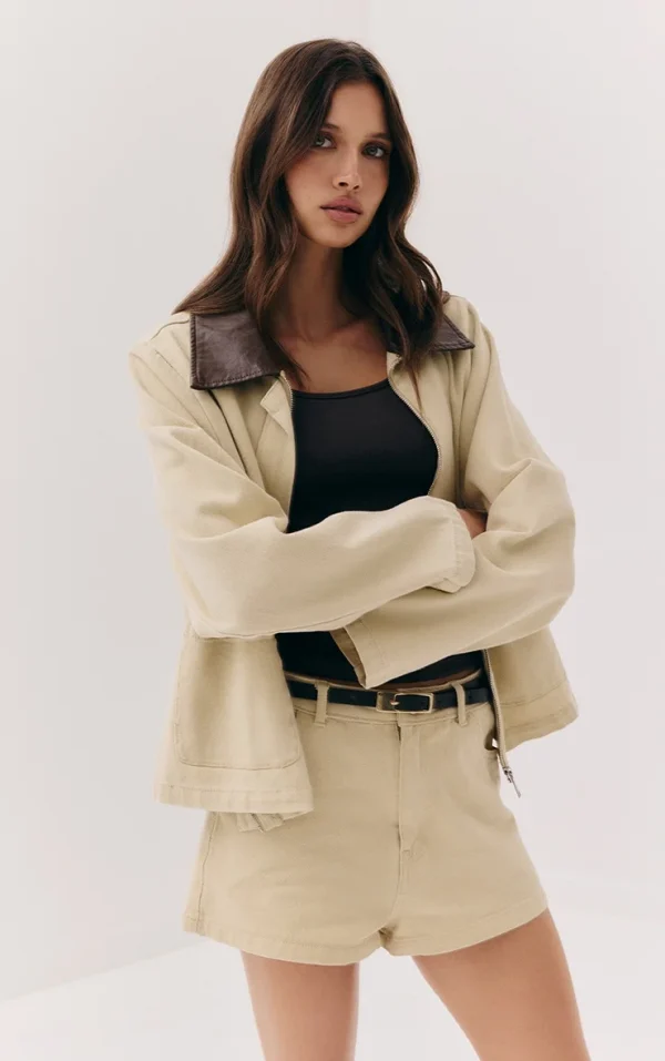 Beige Brown Collar Denim Jacket