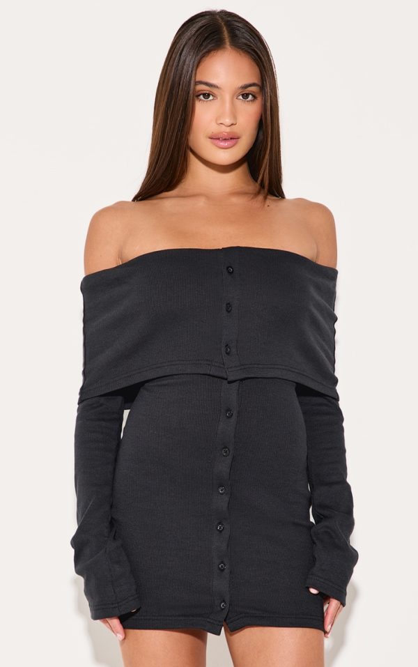 Black Rib Fold Over Bardot Button Mini Dress