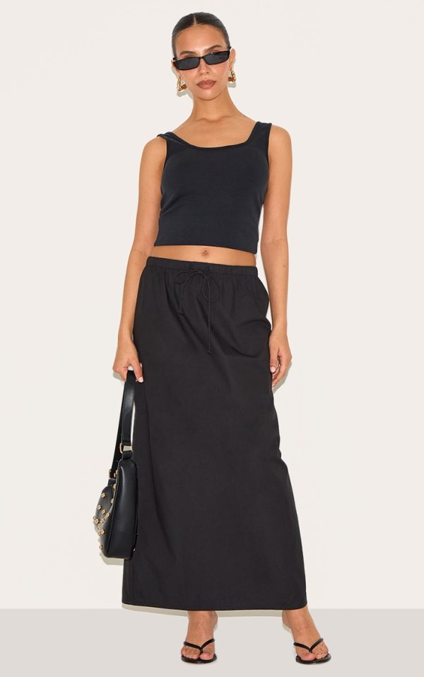 Petite Black Cotton Drawstring Tie Maxi Skirt