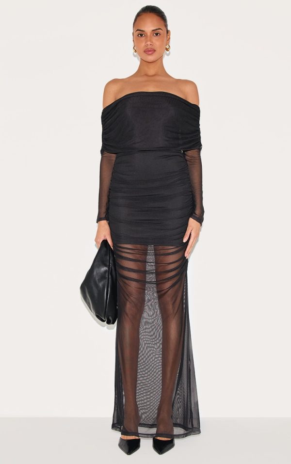 Black Mesh Overlay Long Sleeve Bardot Maxi Dress